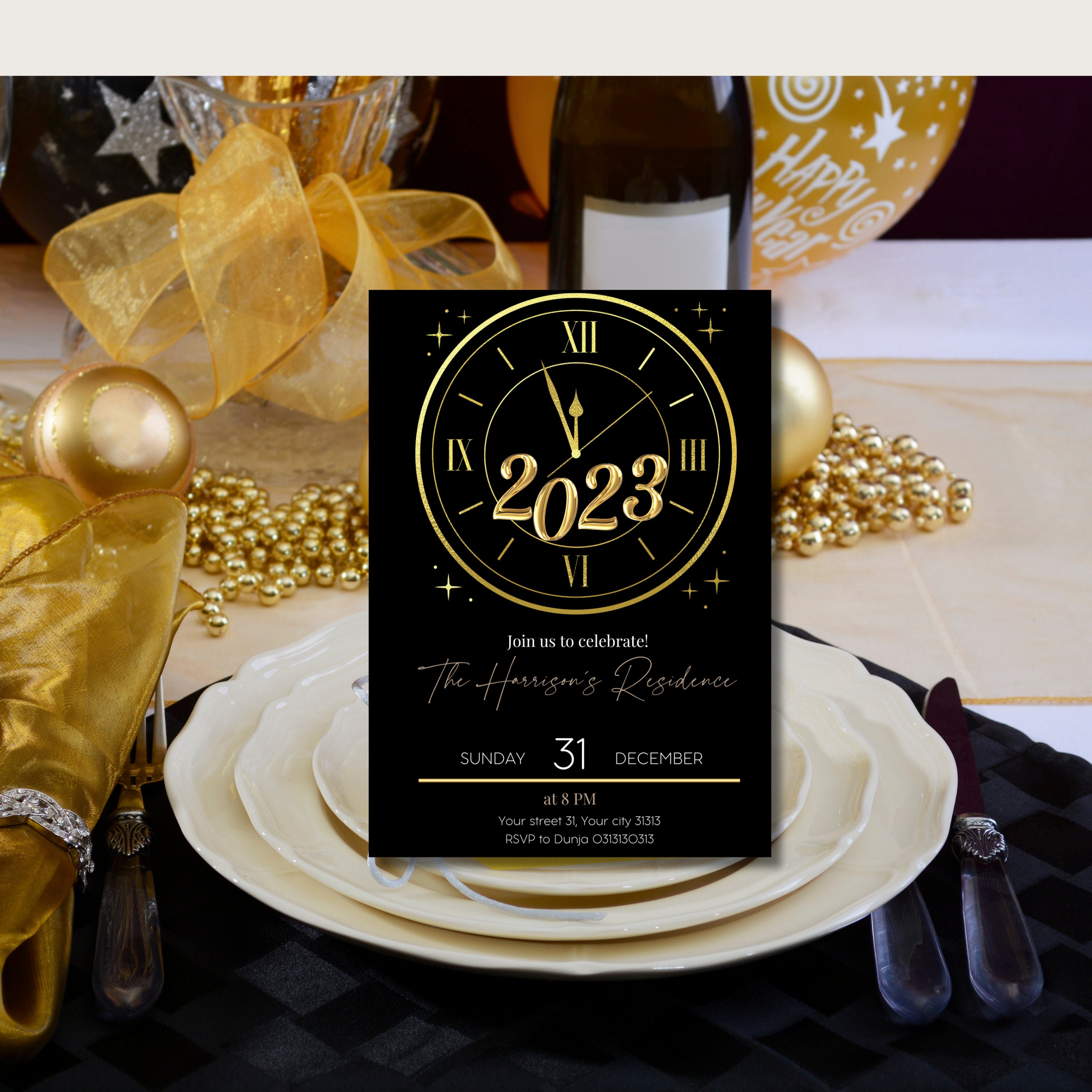 Editable New Year's Eve Party Invitation Gold Clock Glam - Etsy