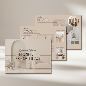 Könnte beinhalten: Moodboard für ein Innenarchitekturprojekt. Das Board enthält einen Grundriss, Farbpaletten und Bilder von Möbeln und Dekor. Der Text auf dem Board lautet "Mood Board", "Raumkonzept", "Wohnzimmer", "Schlafzimmer", "Badezimmer", "Innenarchitektur Projekt Vorschlag" und "Digitale Ästhetik".