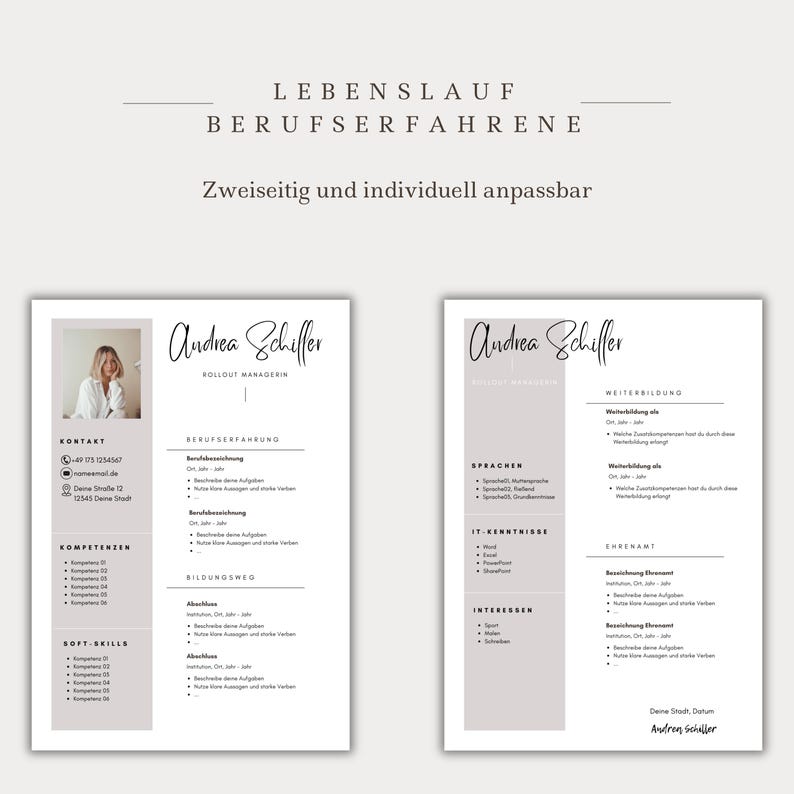 Ansökningsmall för tyskt CV, tabellformat, kreativt personligt brev, modernt försättsblad, yrkesverksamma, student, exempeldesign, Canva bild 4