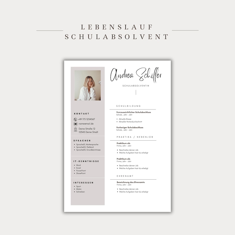 Ansökningsmall för tyskt CV, tabellformat, kreativt personligt brev, modernt försättsblad, yrkesverksamma, student, exempeldesign, Canva bild 6