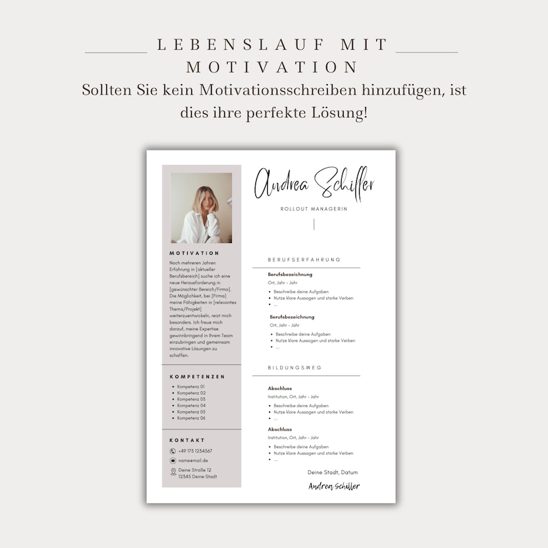 Ansökningsmall för tyskt CV, tabellformat, kreativt personligt brev, modernt försättsblad, yrkesverksamma, student, exempeldesign, Canva bild 5