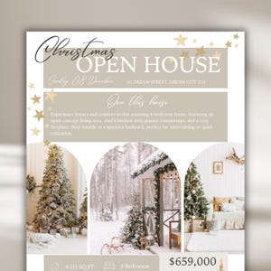 Modèle immobilier de Noël Flyer portes ouvertes Vente aux enchères Exposez le vendeur de maison moderne Canva Home Fiche technique acheteur agent immobilier modifiable