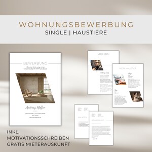 Op de afbeelding: Een verzameling witte papieren documenten met Duitse tekst. De documenten bevatten een Bewerbung (sollicitatie), Über Mich (Over mij), Mein Haustier (Mijn huisdieren) en Anlagen (Bijlagen). De bovenkant van de afbeelding luidt "WOHNUNGSBEWERBUNG SINGLE | HAUSTIERE".