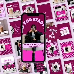 Könnte beinhalten: Eine Collage aus pinken und burgunderfarbenen Instagram-Story-Vorlagen mit Textüberlagerungen. Der Text enthält Sätze wie "Lass uns reden", "Unsere Produktivitätsregeln", "Arbeite 5 Stunden weniger pro Woche", "MRR & PLR", "Was ist dein Ziel", "Es ist kostenlos" und "Content-Strategie".