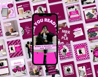 May include: A collage of pink and burgundy Instagram story templates with text overlays. The text includes phrases like "Let's Talk", "Our Productivity Rules", "Work 5 Hours Less Per Week", "MRR & PLR", "What's Your Goal", "It's Free", and "Content Strategy".