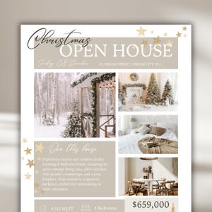 Modèle immobilier de Noël Flyer portes ouvertes Vente aux enchères Exposez le vendeur de maison moderne Canva Home Fiche technique acheteur agent immobilier modifiable