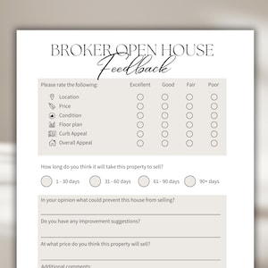 May include: A black and white feedback form for a real estate open house. The form asks for ratings on location, price, condition, floor plan, curb appeal, and overall appeal. It also asks how long the person thinks it will take to sell the property, what could prevent the house from selling, any improvement suggestions, and at what price the person thinks the property will sell.
