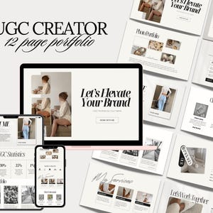 Könnte beinhalten: Eine 12-seitige Portfolio-Vorlage für einen UGC-Ersteller. Die Titelseite zeigt ein Foto einer Frau in einem weißen Pullover und den Text "Let's Elevate Your Brand". Das Portfolio umfasst Seiten für "Über mich", "UGC-Statistiken", "Video-Portfolio", "Foto-Portfolio", "Meine Dienstleistungen", "Kundenreferenzen", "Unsere Pakete" und "Lass uns zusammenarbeiten".