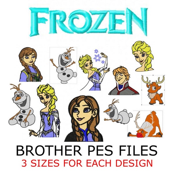 12 Frozen embroidery designs. brother pes file format, 3 sizes for each.