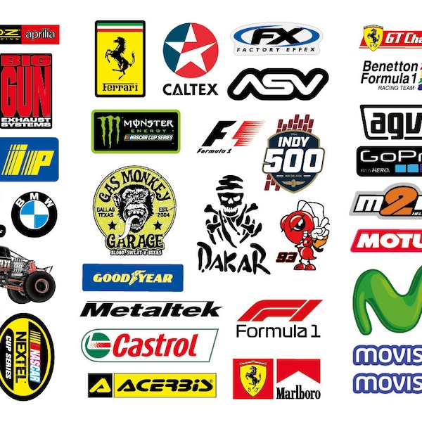 racing type logos , waterproof non fading vinyl stickers ,car racing, motorcross, etc, ideal for rc cars garages toys