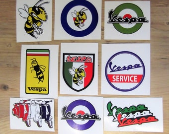 9 Vespa vinyl stickers , badges, logos, for scooters, helmets. bikes. cars , non fading waterproof vinyl.