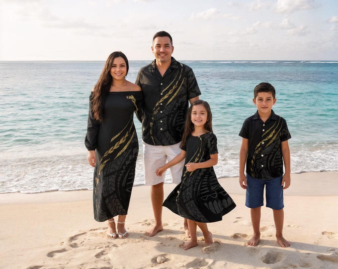 Family Matching Outfits – Hawaiian Polynesian Tribal Print Off Shoulder Long Sleeve Dress, Girl Dress & Aloha Shirts for Men, Kids