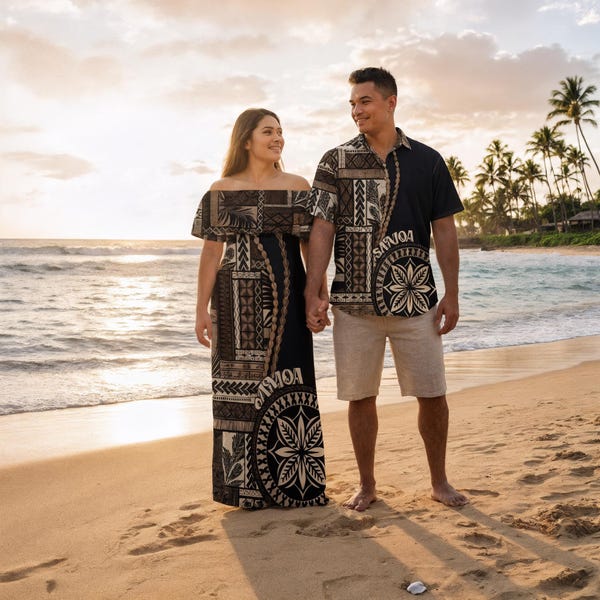 Matching Maxi Dress & Hawaiian Shirt – Samoa Siapo Motif Couples Dress and Hawaiian Shirt Classic Style Black