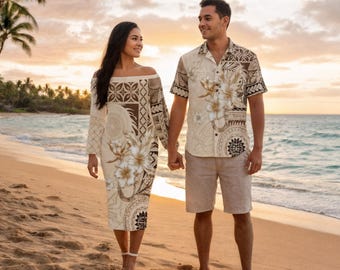 Matching The Shoulder Long Sleeve  Dress & Hawaiian Shirt – Samoa Siapo Pattern With Beige Hibiscus Couples