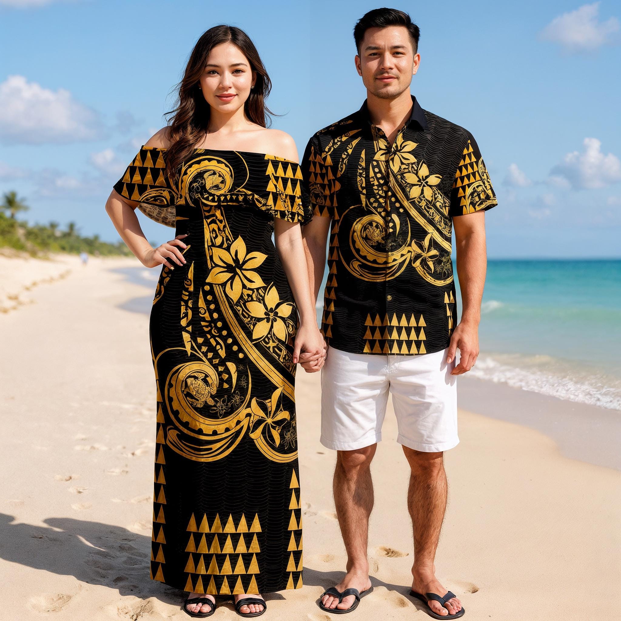 Polynesian Kakau Matching Couple Outfit – Gold Matching Hawaiian