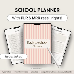 以下が含まれることがあります： ピンクと白のストライプの表紙が付いた学校のデジタルプランナー。表紙には「Back to school Planner」と書いてあります。プランナーには、インデックス、学校プランナーセクション、メモセクションが含まれています。プランナーはGoodnotesとNotabilityと互換性があります。