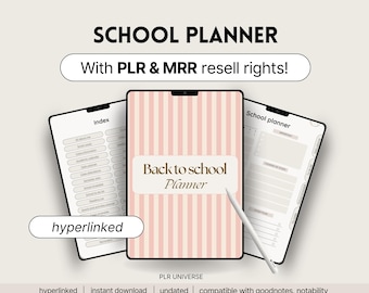 May include: A digital planner for school with a pink and white striped cover. The cover says "Back to school Planner". The planner includes an index, a school planner section, and a section for notes. The planner is compatible with Goodnotes and Notability.