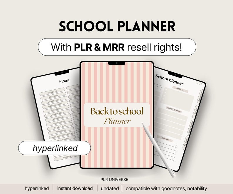 May include: A digital planner for school with a pink and white striped cover. The cover says "Back to school Planner". The planner includes an index, a school planner section, and a section for notes. The planner is compatible with Goodnotes and Notability.