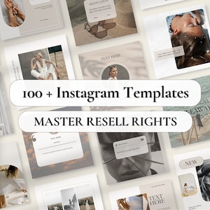 May include: A collage of images promoting 100+ Instagram templates with master resell rights. The images feature various designs with text overlays, including "TEXT HERE", "NEW", and "GIVEAWAY".