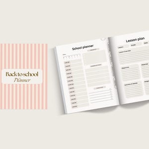 May include: A pink and white striped planner with the text "Back to School Planner" in gold lettering. The planner has a daily schedule section and a lesson plan section.