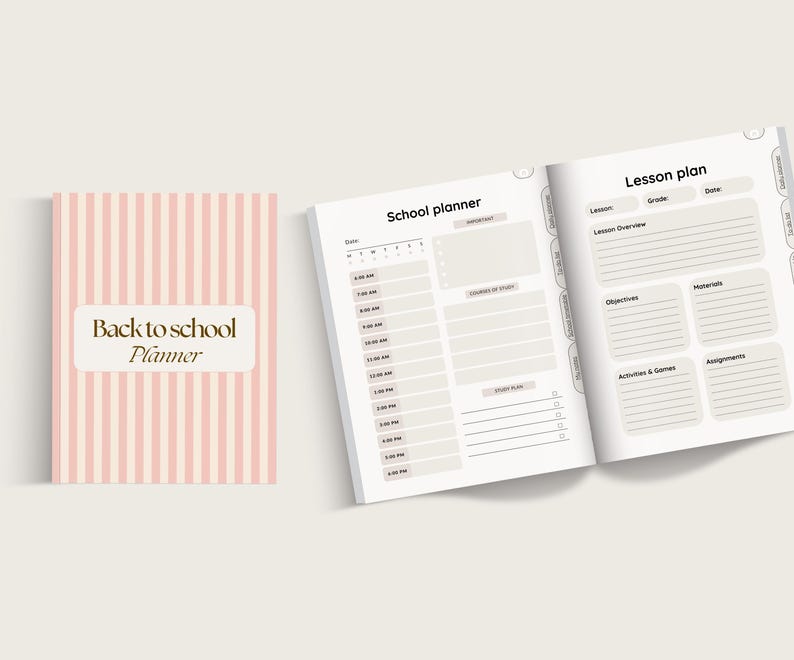 May include: A pink and white striped planner with the text "Back to School Planner" in gold lettering. The planner has a daily schedule section and a lesson plan section.