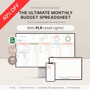 PLR maandelijkse budgetspreadsheet, PLR digitaal product, PLR-sjablonen, Google Spreadsheets, private label-rechten, doorverkopen, Excel-jaarbudgetplanner