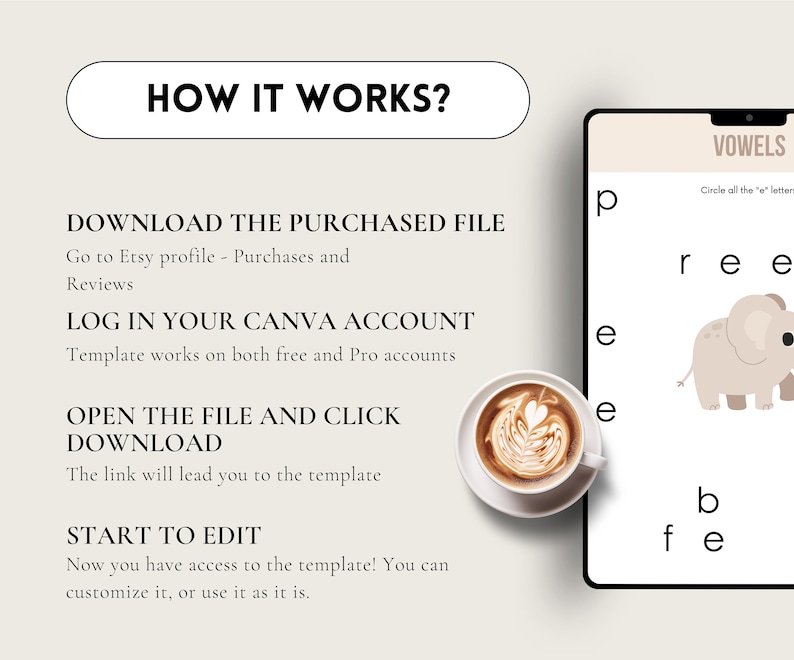May include: A digital worksheet for children to practise identifying vowels. The worksheet features a cartoon elephant and the text "VOWELS" and "Circle all the "e" letters".