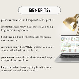 May include: A laptop computer with a bright gold desk lamp on the left side of the screen. The laptop screen displays a digital product with a green and brown colour scheme. The text on the screen reads "Product 1" and "Product 2". The text on the left side of the image reads "BENEFITS:" and lists the benefits of using the digital product. The benefits include: passive income, save time, boost income, customise easily, grow audience, and long-term value.