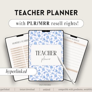 Op de afbeelding: Digitale docentenplanner met een blauw en wit bloemmotief. De planner bevat maandelijkse, lesrooster- en ongedateerde pagina's. De tekst op de afbeelding luidt "Teacher Planner" en "with PLR/MRR resell rights!". De planner is hyperlinked en compatibel met Goodnotes en Notability.