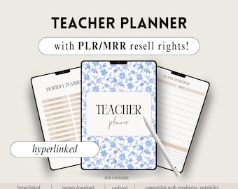 May include: Digital teacher planner with a floral blue and white design. The planner includes monthly, class schedule, and undated pages. Text on the image reads "Teacher Planner" and "with PLR/MRR resell rights!" The planner is hyperlinked and compatible with Goodnotes and Notability.