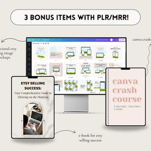 May include: A digital product bundle for Etsy sellers, including an e-book titled "Etsy Selling Success: Your Comprehensive Guide to Thriving on the Platform", a Canva crash course for free and pro users, and 37 additional Etsy listing image mockups.