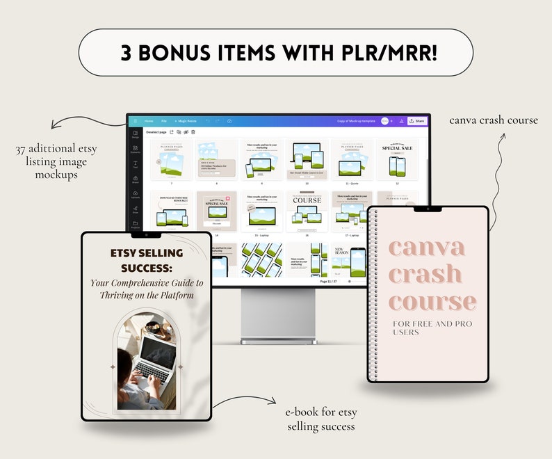 May include: A digital product bundle for Etsy sellers, including an e-book titled "Etsy Selling Success: Your Comprehensive Guide to Thriving on the Platform", a Canva crash course for free and pro users, and 37 additional Etsy listing image mockups.