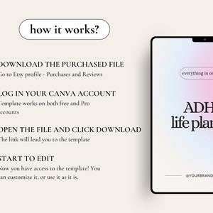 May include: A digital illustration of a phone screen showing a pink and blue gradient background with the text "ADHD life planner" and the phrase "everything in one place" in a white box. The text "@YOURBRANDNAME" is at the bottom of the screen.