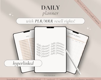 May include: A digital planner template with the text "DAILY planner" and "with PLR/MRR resell rights!"  The planner includes a monthly calendar, daily planner pages, and an index. The planner is compatible with Goodnotes and Notability.