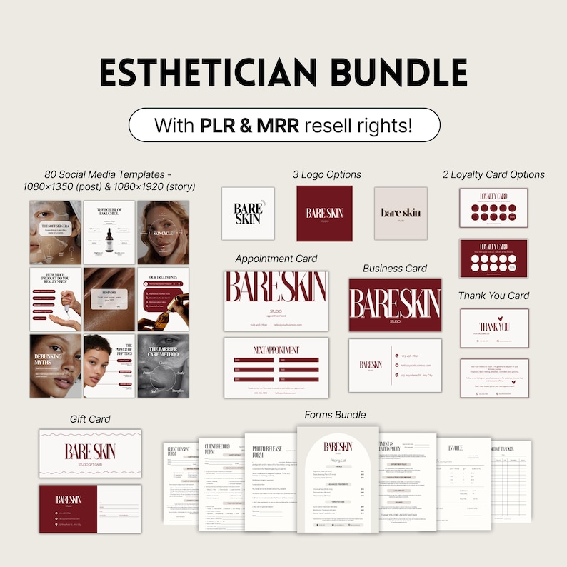 K&ouml;nnte beinhalten: Ein Kosmetiker-Bundle mit PLR- und MRR-Wiederverkaufsrechten. Das Bild zeigt 80 Social-Media-Vorlagen, 3 Logo-Optionen und 2 Treuekartenoptionen. Ebenfalls enthalten sind Terminkarten, Visitenkarten, Dankeskarten, Geschenkkarten und ein Formularpaket.
