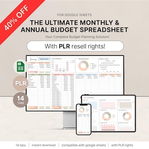 PLR Budget Spreadsheet, PLR Digital Products, PLR Templates, Google Sheets, Private Label Rights, Resell Rights, Excel Annual Budget Planner