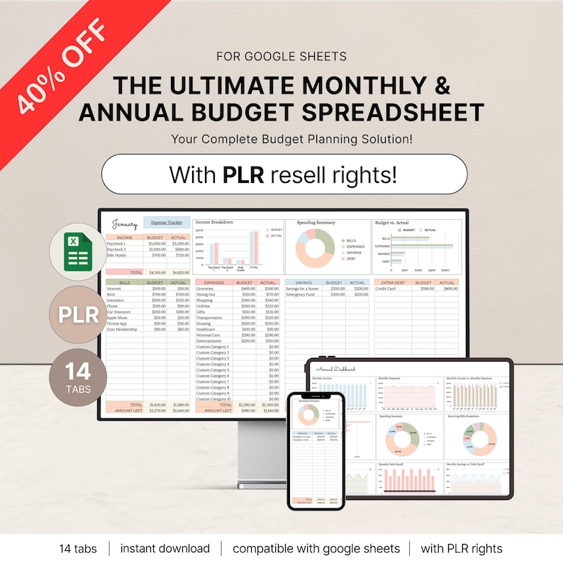PLR-begrotingspreadsheet, PLR digitale producten, PLR-sjablonen, Google Spreadsheets, huismerkrechten, doorverkooprechten, Excel-jaarbudgetplanner afbeelding 1