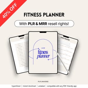 Może przedstawiać: Cyfrowy planer fitness z tekstem "FITNESS PLANNER" i "With PLR & MRR resell rights!" wyświetlany na tablecie. Obraz zawiera indeks i narzędzie do śledzenia kroków, z rysikiem. Tło jest jasno-beżowe, z czerwonym banerem z napisem "40% OFF".