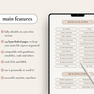 May include: A digital planner template with a light brown background and a white tablet screen. The screen displays a planner with sections for "Journal Planner" and "Health Planner". The planner includes sections for daily journaling, gratitude, self-love, and health appointments.
