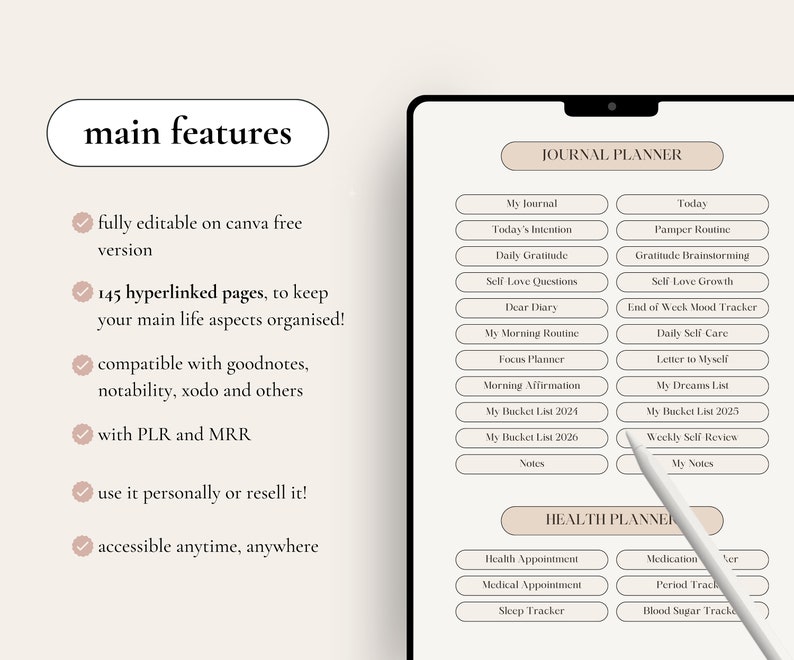 May include: A digital planner template with a light brown background and a white tablet screen. The screen displays a planner with sections for "Journal Planner" and "Health Planner". The planner includes sections for daily journaling, gratitude, self-love, and health appointments.