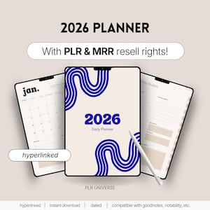 Könnte beinhalten: Ein digitaler 2026-Planer mit cremefarbenem Hintergrund und blauen Akzenten. Der Planer enthält den Text "2026 Daily Planner" und "With PLR & MRR resell rights!". Das Bild enthält auch einen Stift und eine Kalenderseite.