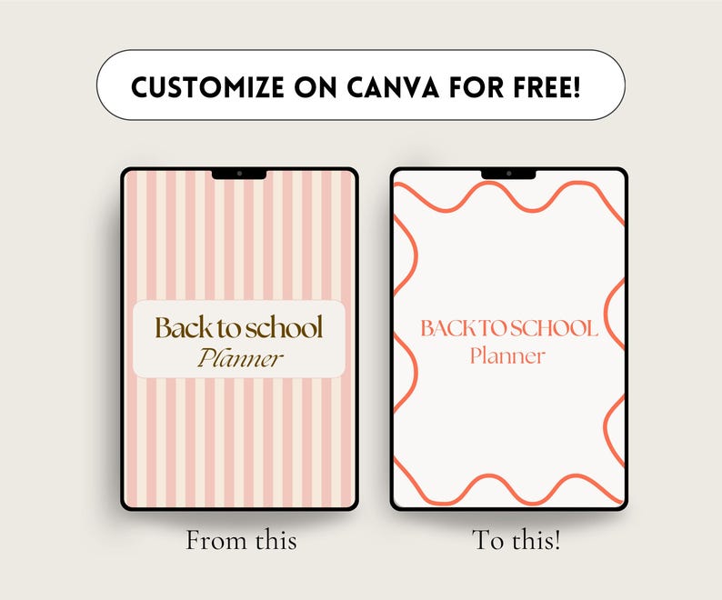 May include: Two images showing a customizable back to school planner template. The first image shows a pink and white striped planner with the text "Back to school Planner". The second image shows a white planner with a red wavy line border and the text "BACK TO SCHOOL Planner".