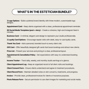 K&ouml;nnte beinhalten: Eine Liste von Artikeln f&uuml;r ein Kosmetikerinnen-Bundle, darunter Logo-Optionen, Terminkarten, Social-Media-Vorlagen, Visitenkarten, Treuekarten, Dankeskarten, Geschenkkarten, Preislisten und mehr, mit dem Titel "WHAT'S IN THE ESTHETICIAN BUNDLE?"