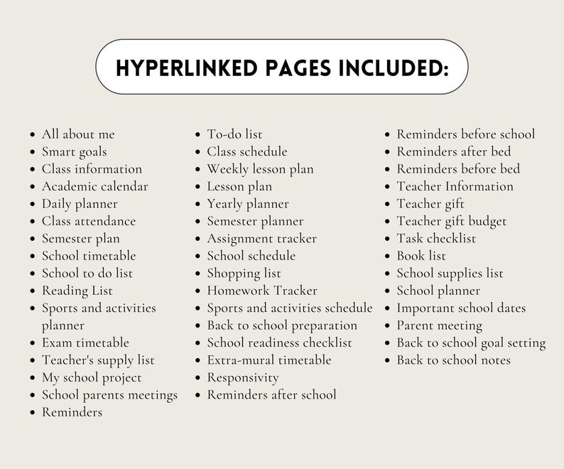 May include: A list of hyperlinked pages for a school planner, including topics like "All about me", "Smart goals", "Class information", "Academic calendar", "Daily planner", "Class attendance", "Semester plan", "School timetable", "School to do list", "Reading List", "Sports and activities planner", "Exam timetable", "Teacher's supply list", "My school project", "School parents meetings", "Reminders", "To-do list", "Class schedule", "Weekly lesson plan", "Lesson plan", "Yearly planner", "Semester planner", "Assignment tracker", "School schedule", "Shopping list", "Homework Tracker", "Sports and activities schedule", "Back to school preparation", "School readiness checklist", "Extra-mural timetable", "Responsivity", "Reminders after school", "Reminders before school", "Reminders after bed", "Reminders before bed", "Teacher Information", "Teacher gift", "Teacher gift budget", "Task checklist", "Book list", "School supplies list", "School planner", "Important school dates", "Parent meeting", "Back to school goal setting", and "Back to school notes".