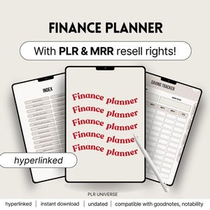 Può includere: Un planner digitale con il testo "FINANCE PLANNER" in lettere rosse. Il planner include una sezione "SAVING TRACKER" e una sezione "INDEX". Il planner è mostrato sullo schermo di un tablet con una penna stilo.