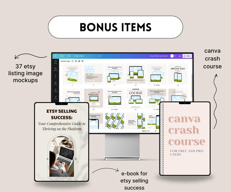 May include: An image showcasing digital marketing resources. It features a computer screen displaying mockups, two tablets with an e-book and a Canva course, and the text "BONUS ITEMS". The e-book is titled "ETSY SELLING SUCCESS".