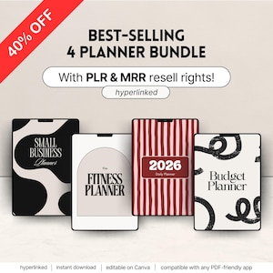 May include: A bundle of four digital planners with the text "BEST-SELLING 4 PLANNER BUNDLE" and "40% OFF" in a red banner. The planners include a Small Business Planner, Fitness Planner, 2026 Daily Planner, and Budget Planner.