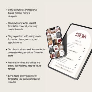 K&ouml;nnte beinhalten: Ein digitales Tablet und Smartphone, das das Branding und die Preisinformationen eines Sch&ouml;nheitsunternehmens anzeigt. Das Tablet zeigt eine Preisliste mit dem Firmennamen "BARESKIN". Das Smartphone zeigt Social-Media-Vorlagen.