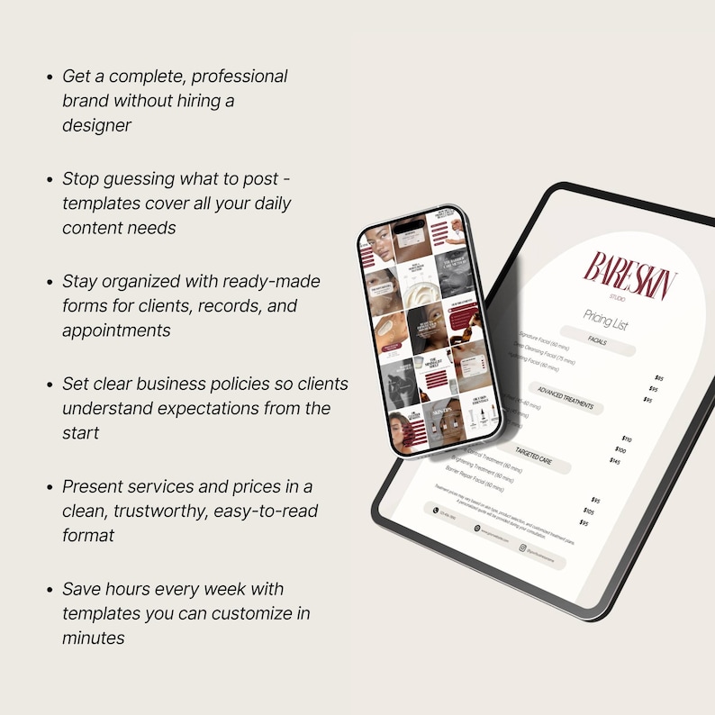 K&ouml;nnte beinhalten: Ein digitales Tablet und Smartphone, das das Branding und die Preisinformationen eines Sch&ouml;nheitsunternehmens anzeigt. Das Tablet zeigt eine Preisliste mit dem Firmennamen "BARESKIN". Das Smartphone zeigt Social-Media-Vorlagen.