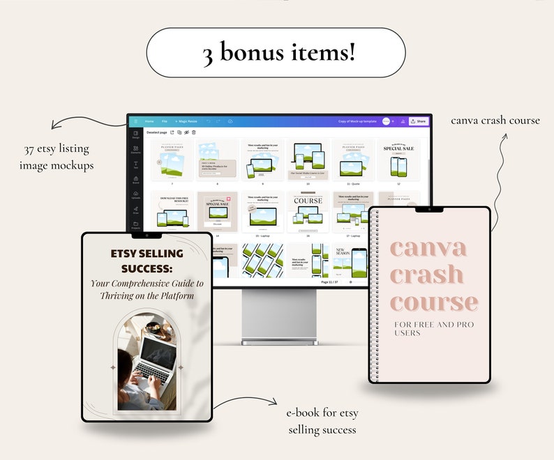 May include: A digital marketing bundle for Etsy sellers, featuring an e-book titled "Etsy Selling Success: Your Comprehensive Guide to Thriving on the Platform", 37 image mockups, and a Canva crash course for free and pro users.